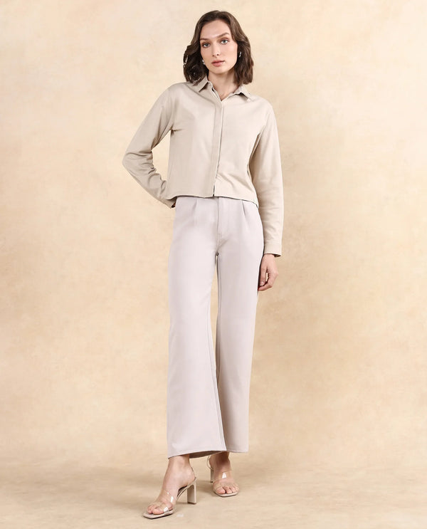 Rareism Women Ellery Beige Cotton Blend Fabric Full Sleeve Collared Neck Button Closure Plain Shirt