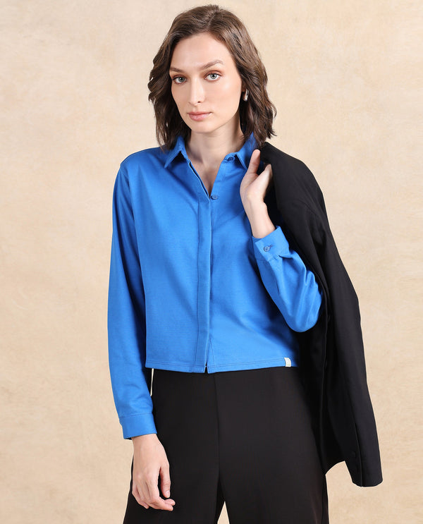 Rareism Women Ellery Blue Cotton Blend Fabric Full Sleeve Collared Neck Button Closure Plain Shirt