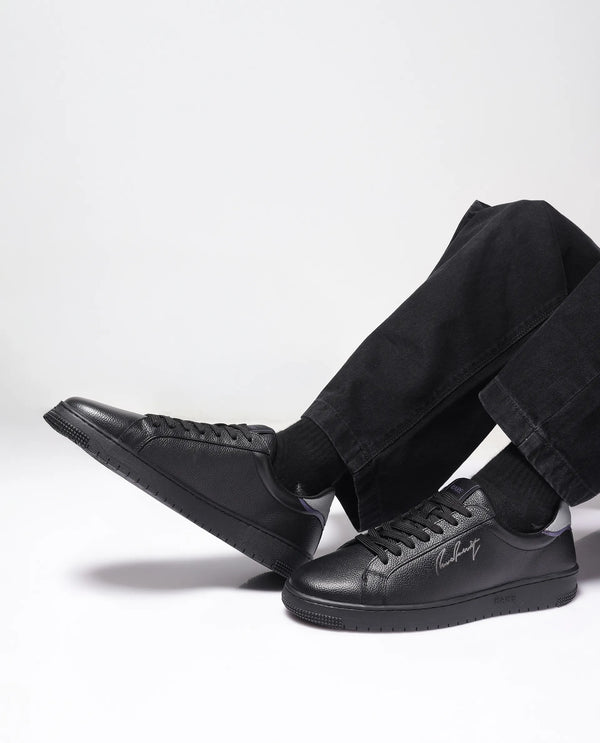 Rare Rabbit Men Elliot Black Genuine Leather Embroidered Signature Low-top Lace-Up Closure Sneaker