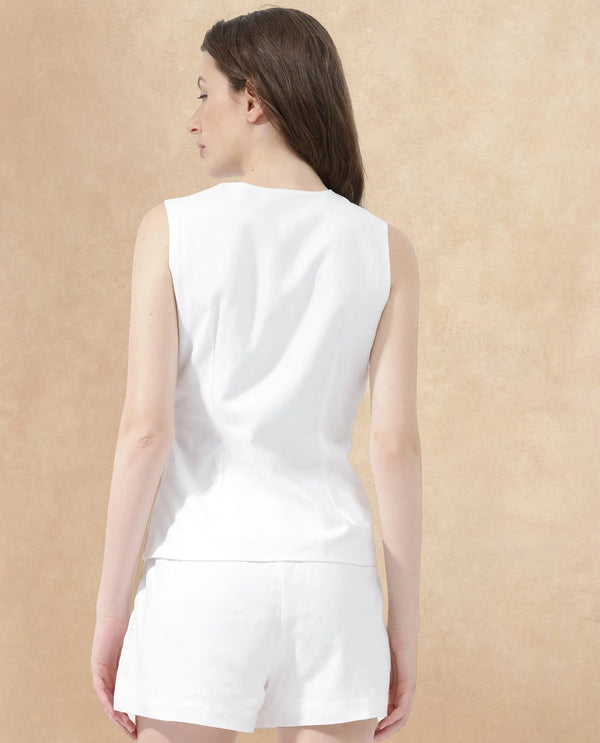 Rareism Women Ellision White Cotton Fabric Button Closure Over Lap Sleeveless Tailored Fit Plain Top