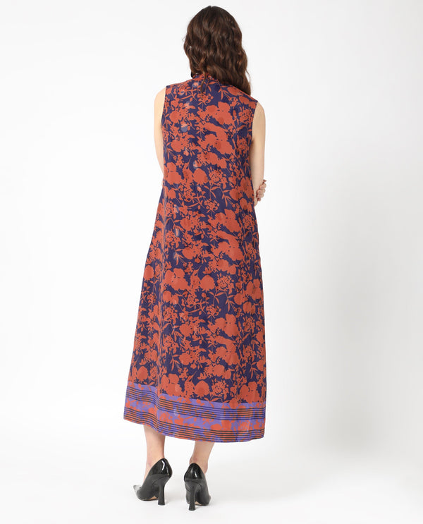 Rareism Women's Ellu Brown Polyester Fabric Tie-Up Neck  Sleeveless Floral Print  Knee Length Dress