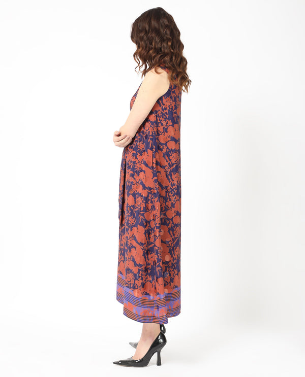 Rareism Women's Ellu Brown Polyester Fabric Tie-Up Neck  Sleeveless Floral Print  Knee Length Dress