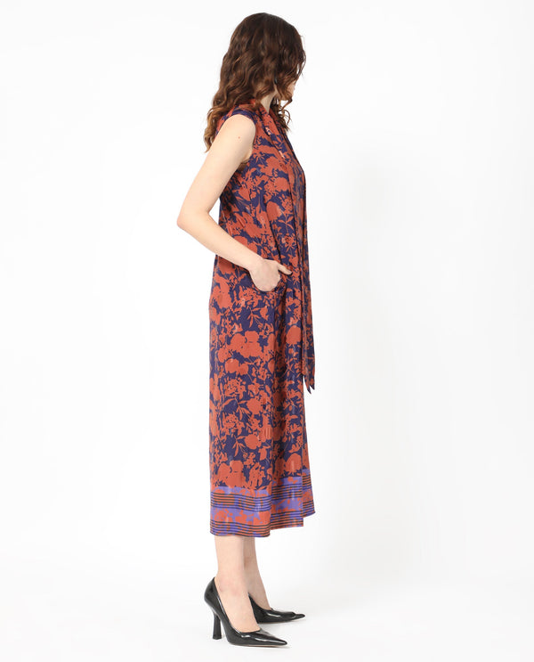 Rareism Women's Ellu Brown Polyester Fabric Tie-Up Neck  Sleeveless Floral Print  Knee Length Dress