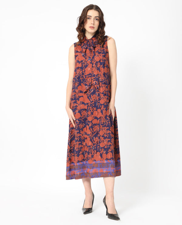 Rareism Women's Ellu Brown Polyester Fabric Tie-Up Neck  Sleeveless Floral Print  Knee Length Dress