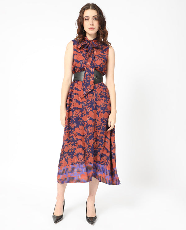 Rareism Women's Ellu Brown Polyester Fabric Tie-Up Neck  Sleeveless Floral Print  Knee Length Dress