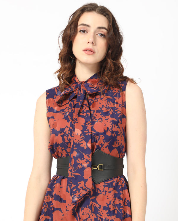 Rareism Women's Ellu Brown Polyester Fabric Tie-Up Neck  Sleeveless Floral Print  Knee Length Dress