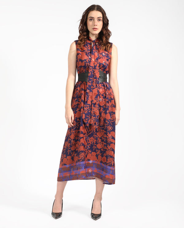 Rareism Women's Ellu Brown Polyester Fabric Tie-Up Neck  Sleeveless Floral Print  Knee Length Dress
