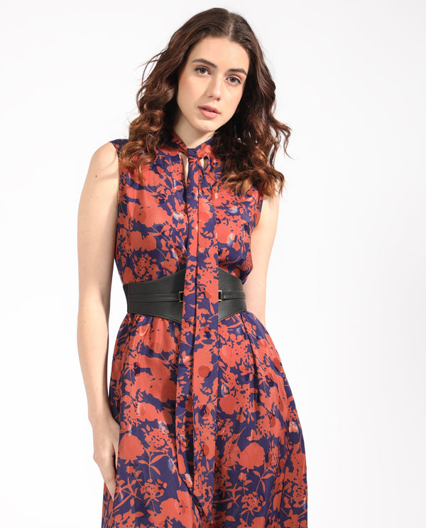 Rareism Women's Ellu Brown Polyester Fabric Tie-Up Neck  Sleeveless Floral Print  Knee Length Dress