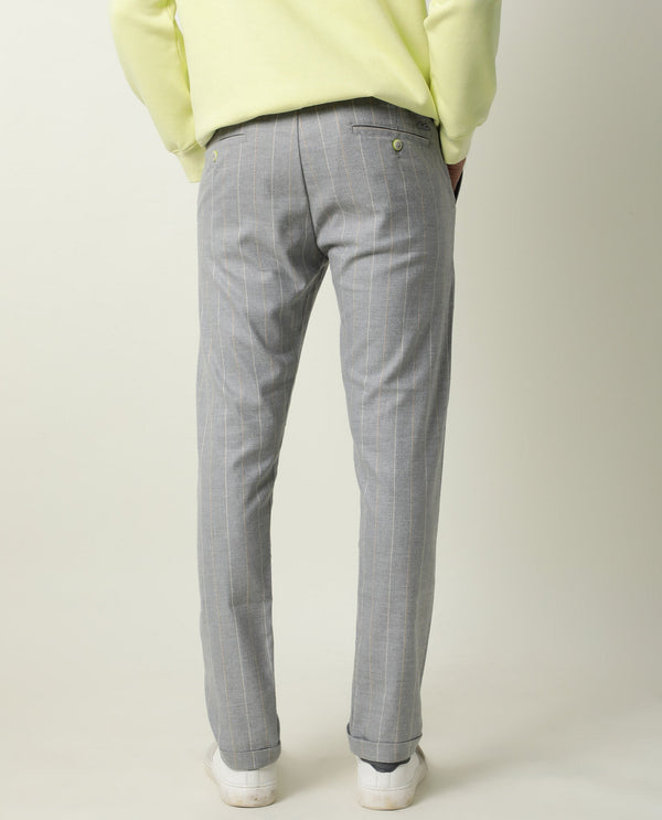Rare Rabbit Men's Elmss Grey Mid-Rise Regular Fit With Drawstring And Elastic Waistband Striped Trouser