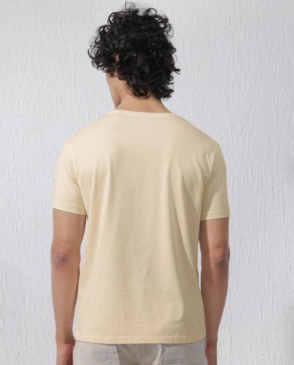 Rare Rabbit Mens Eloise Light Yellow Cotton Lycra Fabric Half Sleeves Graphic Print T-Shirt