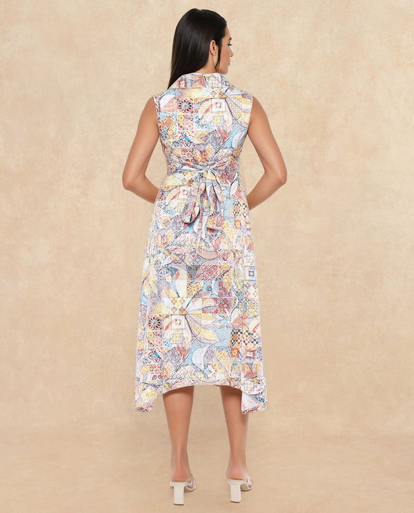 Rareism Women Elsal Light Multi Cotton Blend Fabric Sleeveless Collared Neck Asymmetric Midi Floral Print Dress