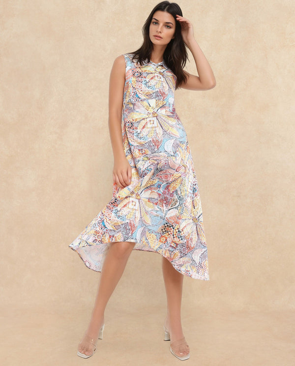 Rareism Women Elsal Light Multi Cotton Blend Fabric Sleeveless Collared Neck Asymmetric Midi Floral Print Dress