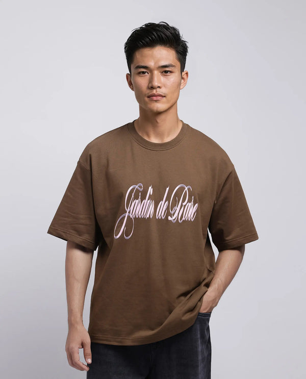 Rare Rabbit Men Elton Brown Cotton Fabric Short Sleeve Crew Neck Oversized Fit Hd Print T-Shirt