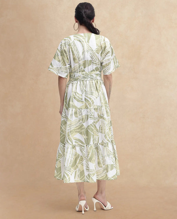 Rareism Women Eltuz Light Green Extended Sleeves V-Neck  Fit And Flare Maxi Abstract Print Dress