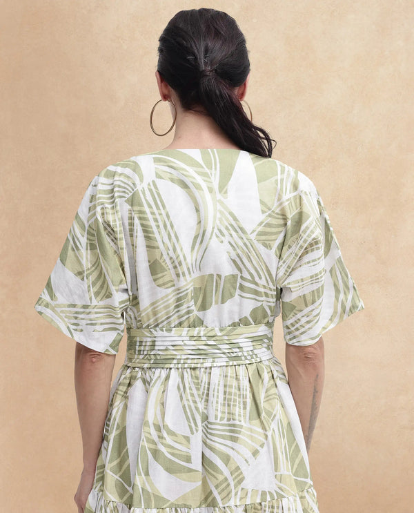 Rareism Women Eltuz Light Green Extended Sleeves V-Neck  Fit And Flare Maxi Abstract Print Dress