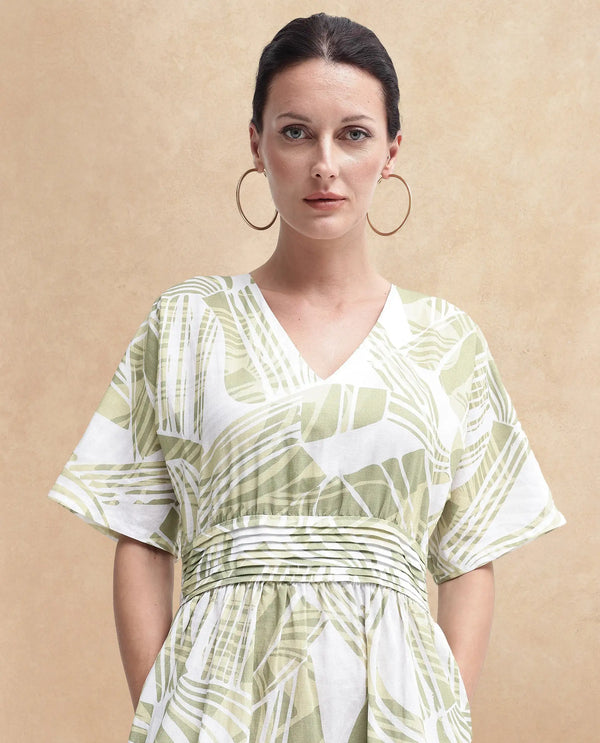 Rareism Women Eltuz Light Green Extended Sleeves V-Neck  Fit And Flare Maxi Abstract Print Dress