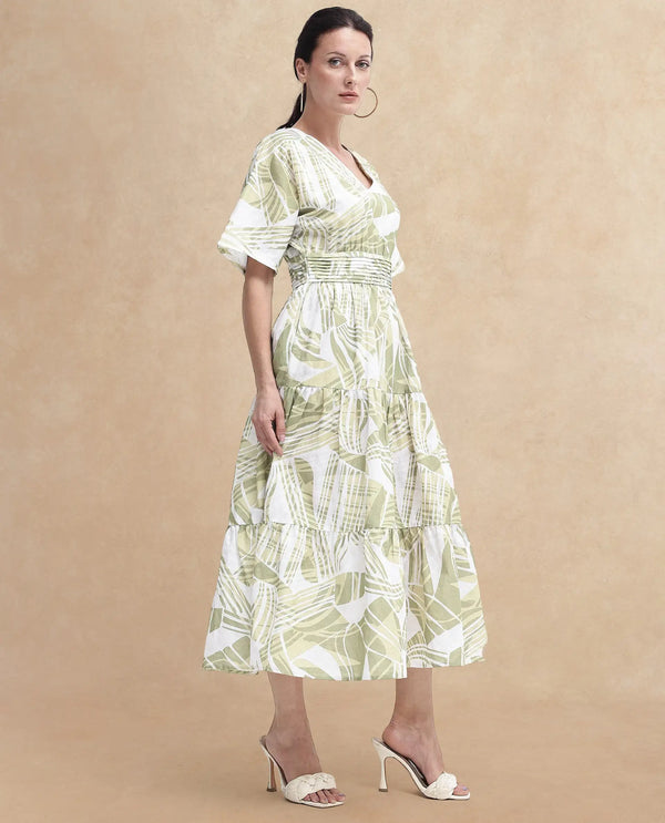 Rareism Women Eltuz Light Green Extended Sleeves V-Neck  Fit And Flare Maxi Abstract Print Dress