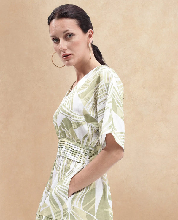 Rareism Women Eltuz Light Green Extended Sleeves V-Neck  Fit And Flare Maxi Abstract Print Dress