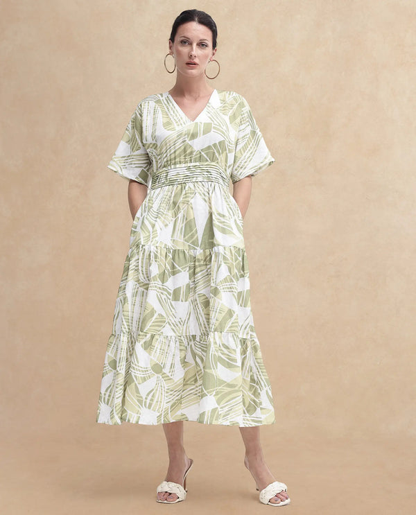 Rareism Women Eltuz Light Green Extended Sleeves V-Neck  Fit And Flare Maxi Abstract Print Dress