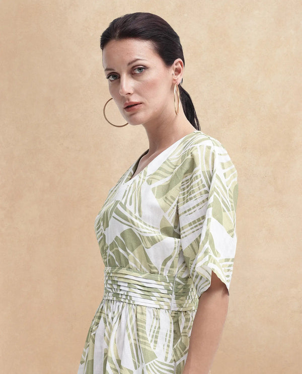 Rareism Women Eltuz Light Green Extended Sleeves V-Neck  Fit And Flare Maxi Abstract Print Dress