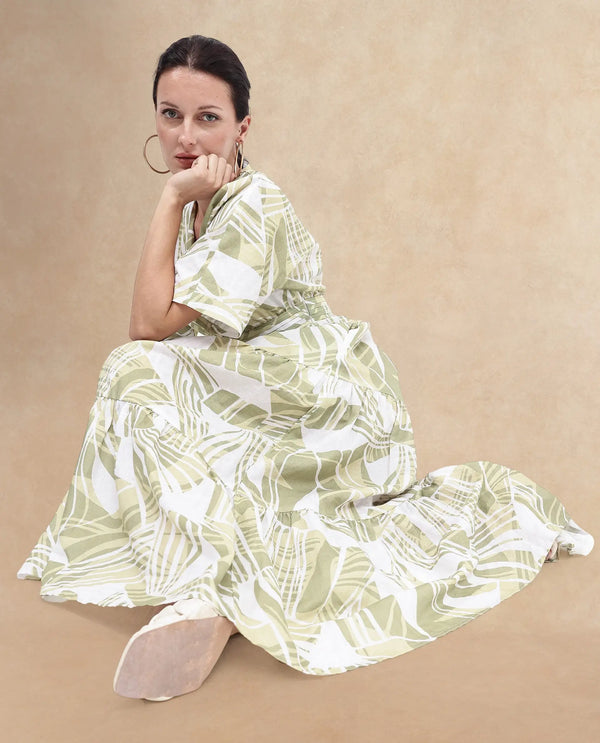 Rareism Women Eltuz Light Green Extended Sleeves V-Neck  Fit And Flare Maxi Abstract Print Dress