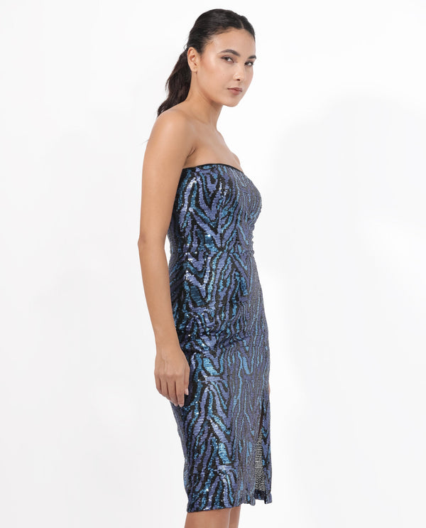 Rareism Women's Elica Sheen Multi Polyester Fabric Tube Neck   Sequined Bodycon Midi Dress