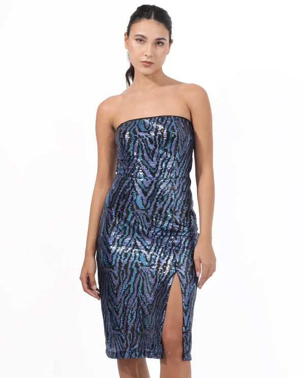 Rareism Women's Elica Sheen Multi Polyester Fabric Tube Neck   Sequined Bodycon Midi Dress