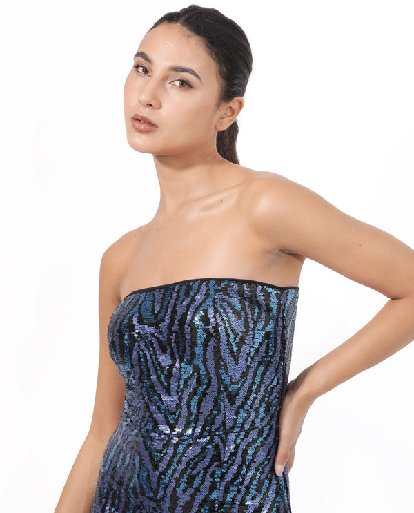 Rareism Women's Elica Sheen Multi Polyester Fabric Tube Neck   Sequined Bodycon Midi Dress