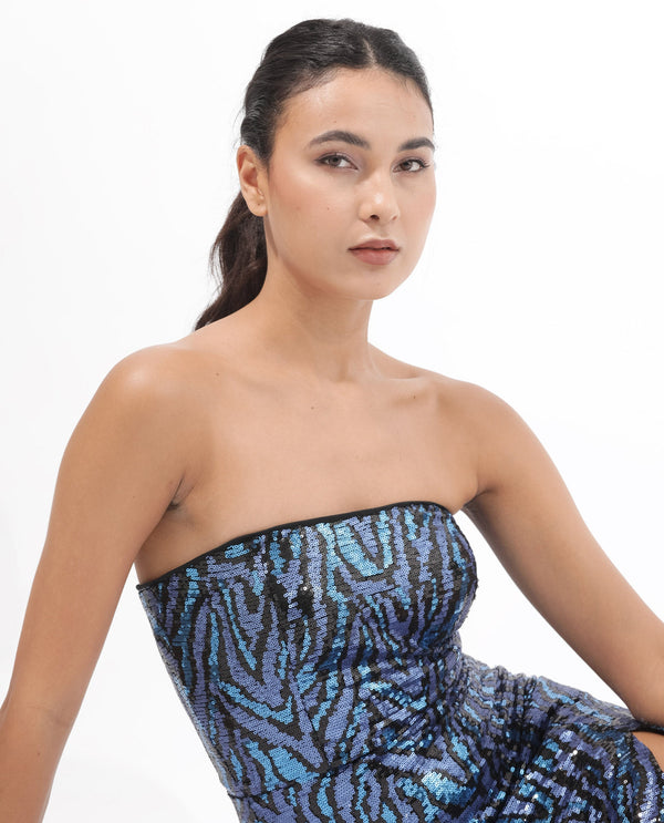 Rareism Women's Elica Sheen Multi Polyester Fabric Tube Neck   Sequined Bodycon Midi Dress