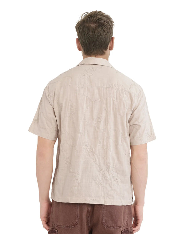 Rare Rabbit Men's Embi Beige Cotton Fabric Short Sleeve Cuban Collared Button Closure Embroidered Shirt