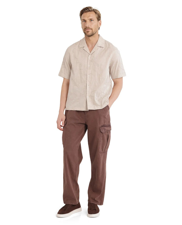Rare Rabbit Men's Embi Beige Cotton Fabric Short Sleeve Cuban Collared Button Closure Embroidered Shirt