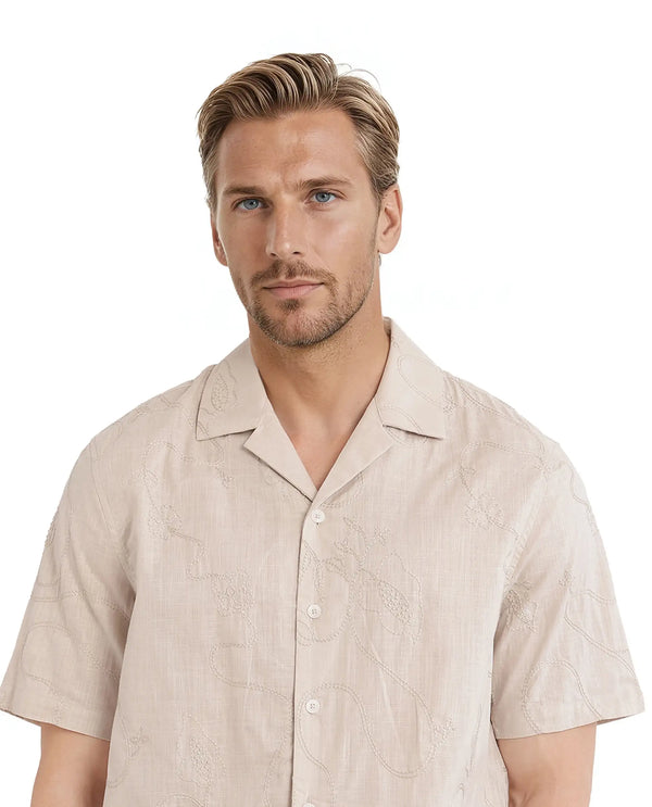 Rare Rabbit Men's Embi Beige Cotton Fabric Short Sleeve Cuban Collared Button Closure Embroidered Shirt