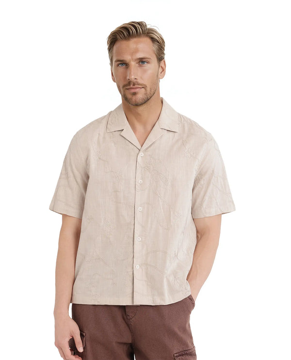 Rare Rabbit Men's Embi Beige Cotton Fabric Short Sleeve Cuban Collared Button Closure Embroidered Shirt