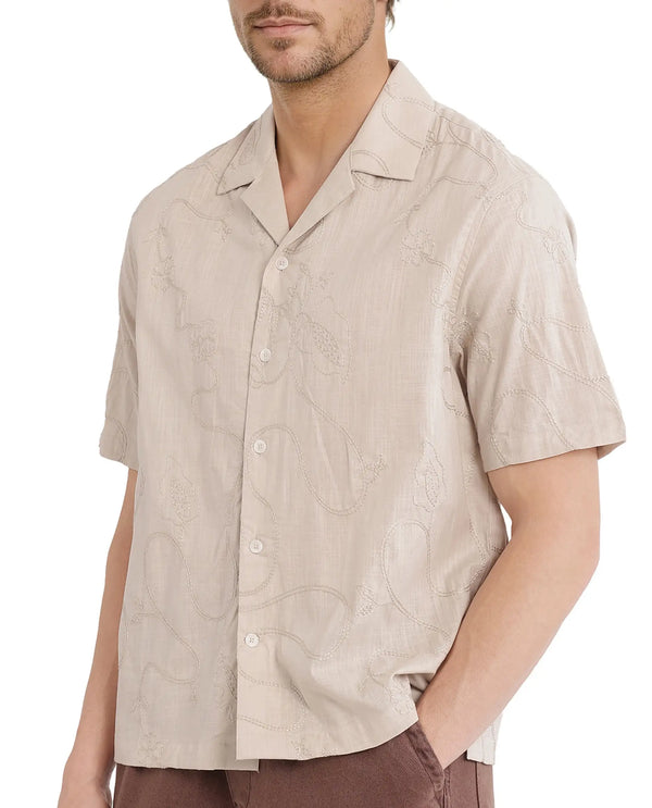 Rare Rabbit Men's Embi Beige Cotton Fabric Short Sleeve Cuban Collared Button Closure Embroidered Shirt