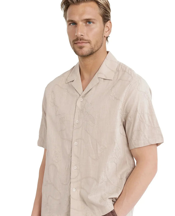 Rare Rabbit Men's Embi Beige Cotton Fabric Short Sleeve Cuban Collared Button Closure Embroidered Shirt