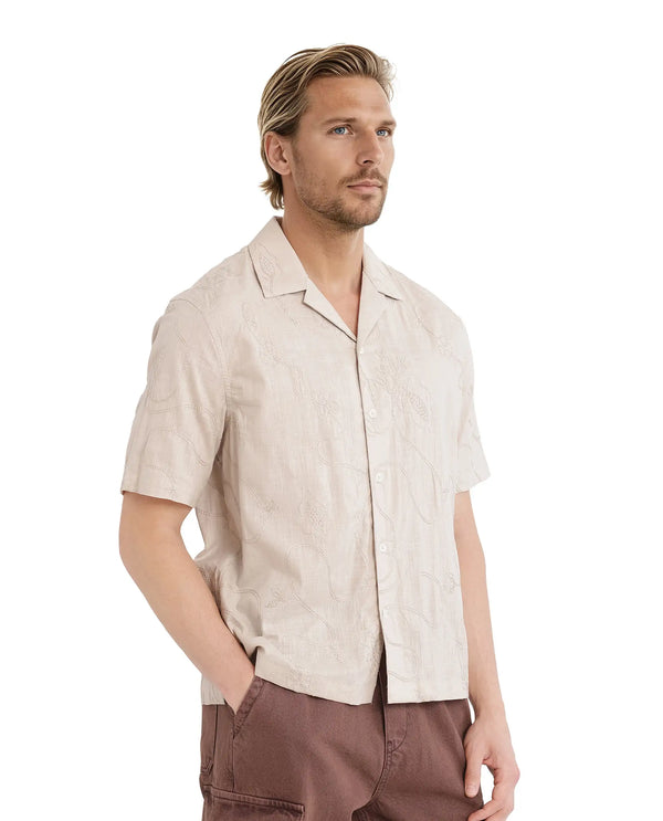 Rare Rabbit Men's Embi Beige Cotton Fabric Short Sleeve Cuban Collared Button Closure Embroidered Shirt