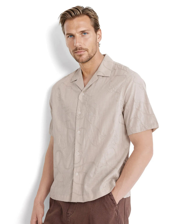 Rare Rabbit Men's Embi Beige Cotton Fabric Short Sleeve Cuban Collared Button Closure Embroidered Shirt