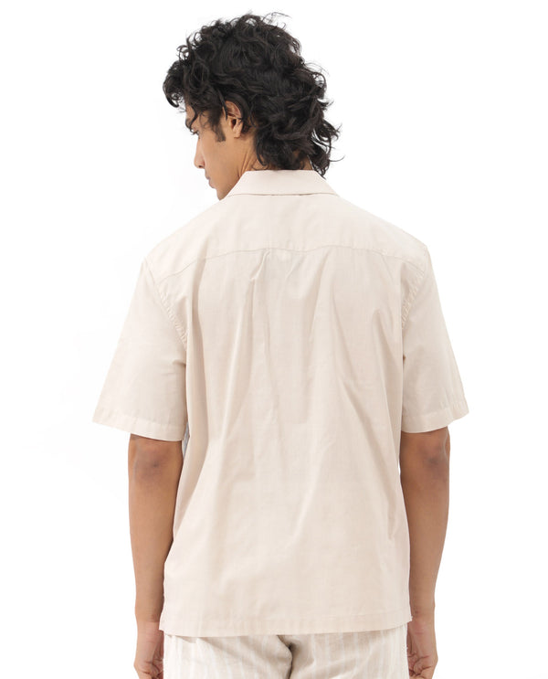 Rare Rabbit Men's Embomo Beige Short Sleeve Cuban Collar Boxy Fit Embroidered Shirt