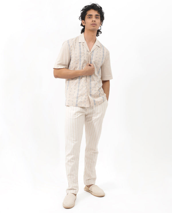 Rare Rabbit Men's Embomo Beige Short Sleeve Cuban Collar Boxy Fit Embroidered Shirt