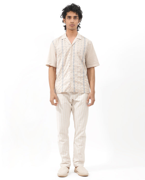 Rare Rabbit Men's Embomo Beige Short Sleeve Cuban Collar Boxy Fit Embroidered Shirt