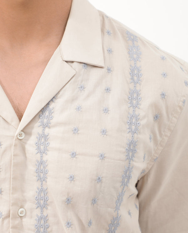 Rare Rabbit Men's Embomo Beige Short Sleeve Cuban Collar Boxy Fit Embroidered Shirt