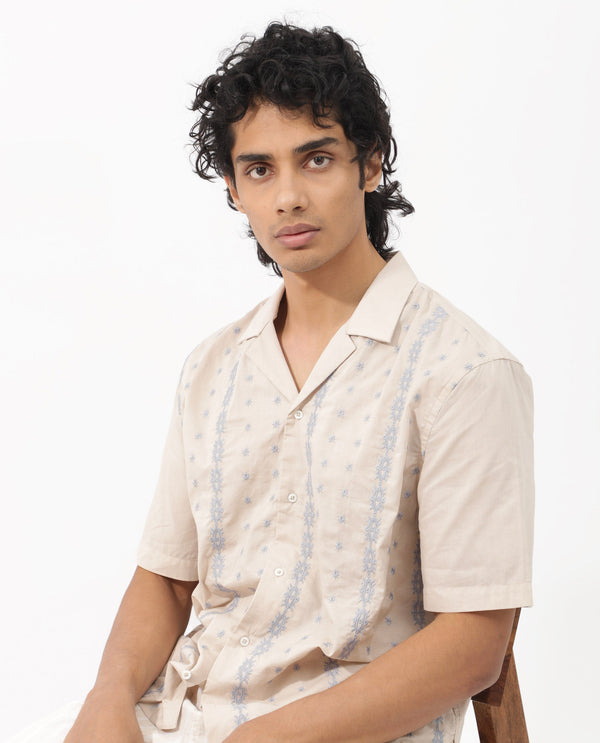 Rare Rabbit Men's Embomo Beige Short Sleeve Cuban Collar Boxy Fit Embroidered Shirt
