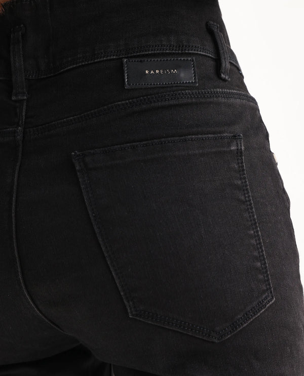 Rareism Women Emerald Black Cotton Lycra Fabric High Rise Solid Slim Fit Ankle Length Jeans