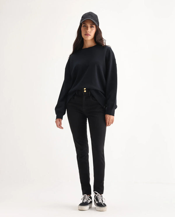 Rareism Women Emerald Black Cotton Lycra Fabric High Rise Solid Slim Fit Ankle Length Jeans