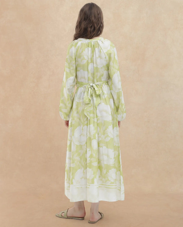 Rareism Women Emil Green Cotton Fabric Full Sleeves Tie-Up Closure Mandarin Collar Raglan Sleeve Fit And Flare Floral Print Maxi Dress