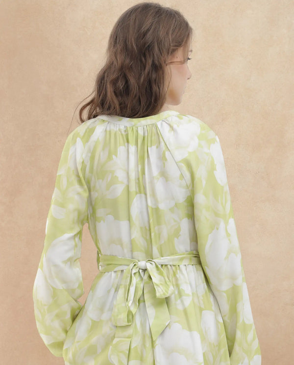 Rareism Women Emil Green Cotton Fabric Full Sleeves Tie-Up Closure Mandarin Collar Raglan Sleeve Fit And Flare Floral Print Maxi Dress
