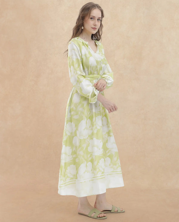 Rareism Women Emil Green Cotton Fabric Full Sleeves Tie-Up Closure Mandarin Collar Raglan Sleeve Fit And Flare Floral Print Maxi Dress