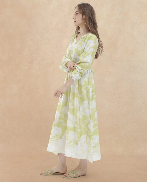 Rareism Women Emil Green Cotton Fabric Full Sleeves Tie-Up Closure Mandarin Collar Raglan Sleeve Fit And Flare Floral Print Maxi Dress