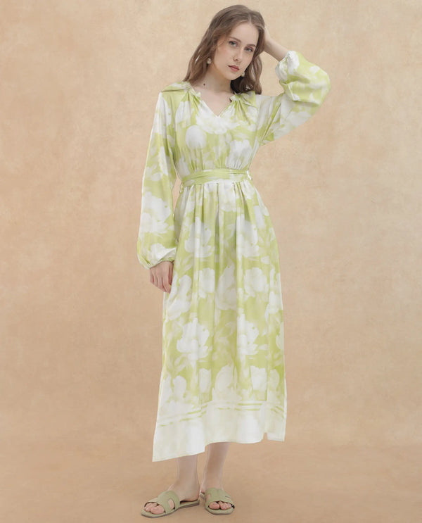 Rareism Women Emil Green Cotton Fabric Full Sleeves Tie-Up Closure Mandarin Collar Raglan Sleeve Fit And Flare Floral Print Maxi Dress