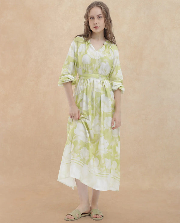 Rareism Women Emil Green Cotton Fabric Full Sleeves Tie-Up Closure Mandarin Collar Raglan Sleeve Fit And Flare Floral Print Maxi Dress